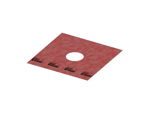 Rotes Dichtungsblatt mit zentralem Loch und "TECE" Logo in der Ecke, geeignet für Abdichtungen.